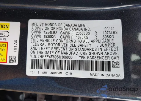 2025 Honda Civic Hybrid Sport/Sport Touring z USA, uszkodzony, nr VIN 2HGFE4F89SH306033